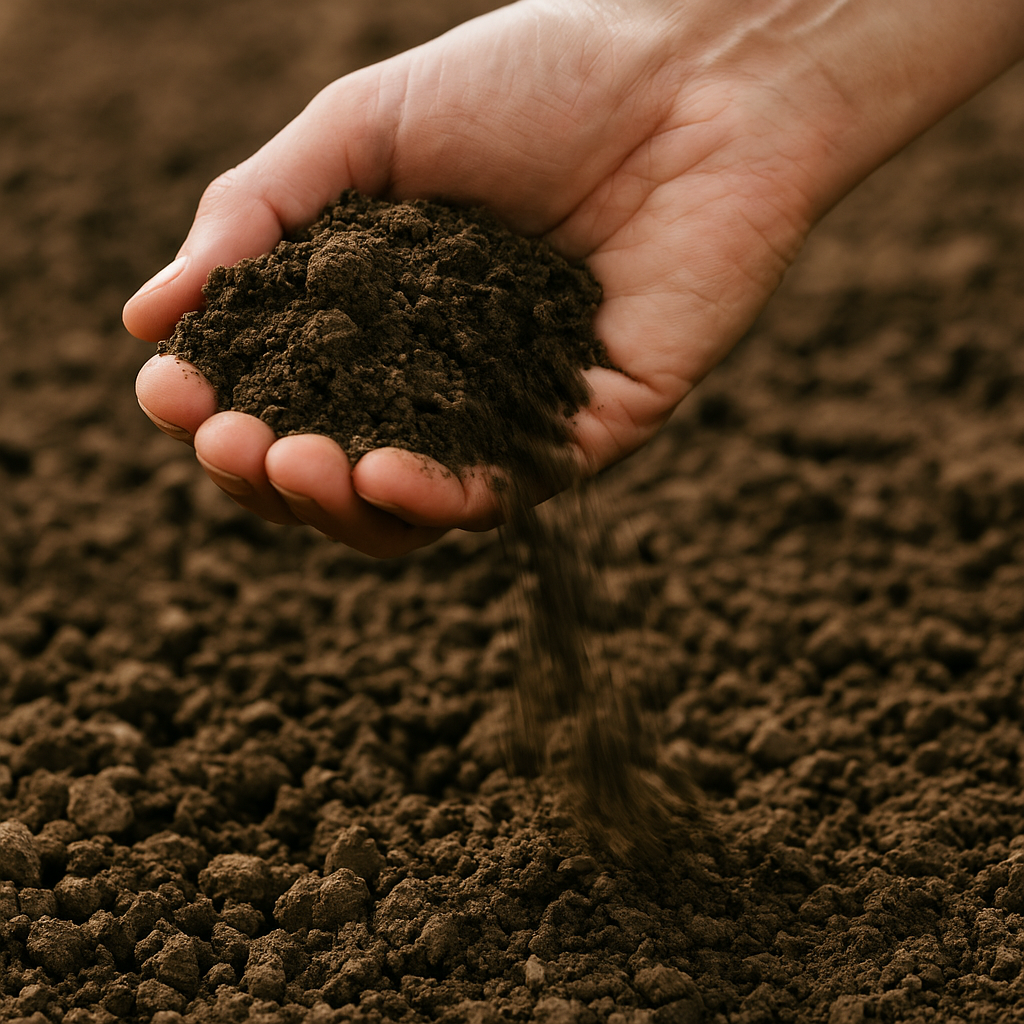 Close-up of hands holding rich, tested soil before planting a food plot, emphasizing the importance of soil health in deer habitat management