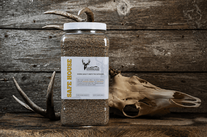 Jar of Safe House native grass bedding and screening cover seed mix for deer by Dammon Ridge Outdoors